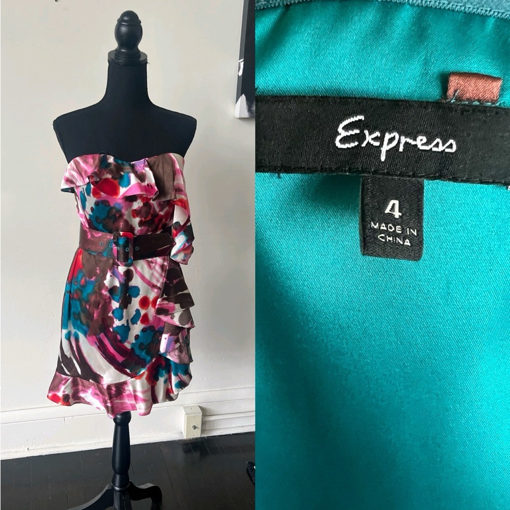 Express Silk Strapless Ruffle Mini Dress with Belt